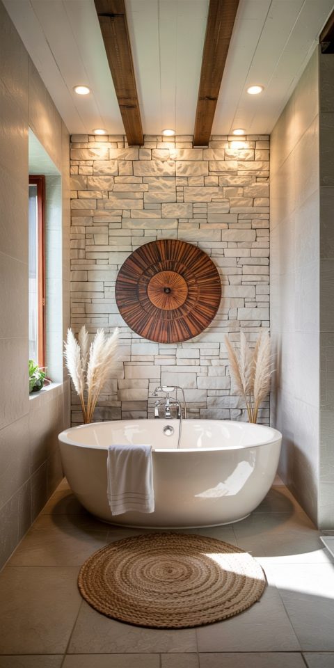 Luxury Spa Bathroom Design with Stone Accent Wall and Freestanding Tub