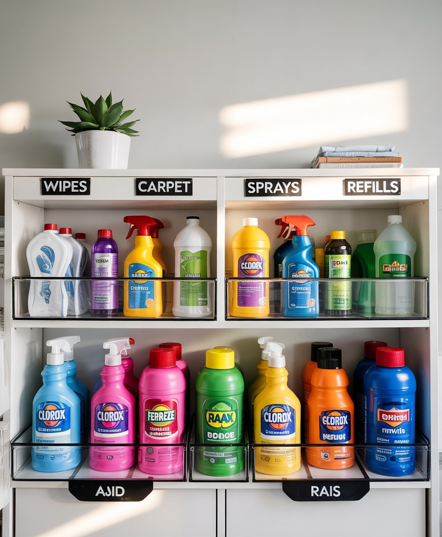 Organized Cleaning Supply Cabinet Storage System with Labels