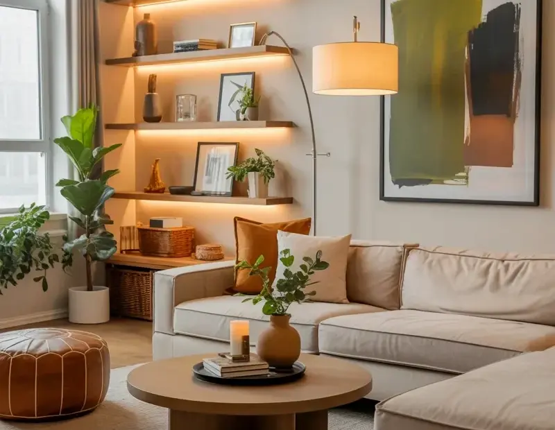 Budget-friendly living room decor ideas - warm beige sectional and wood shelves