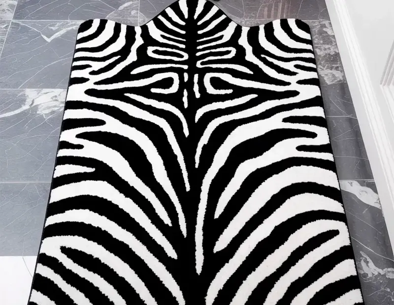 Zebra print bath mat from Walmart - plush shaggy rug on marble floor decor idea