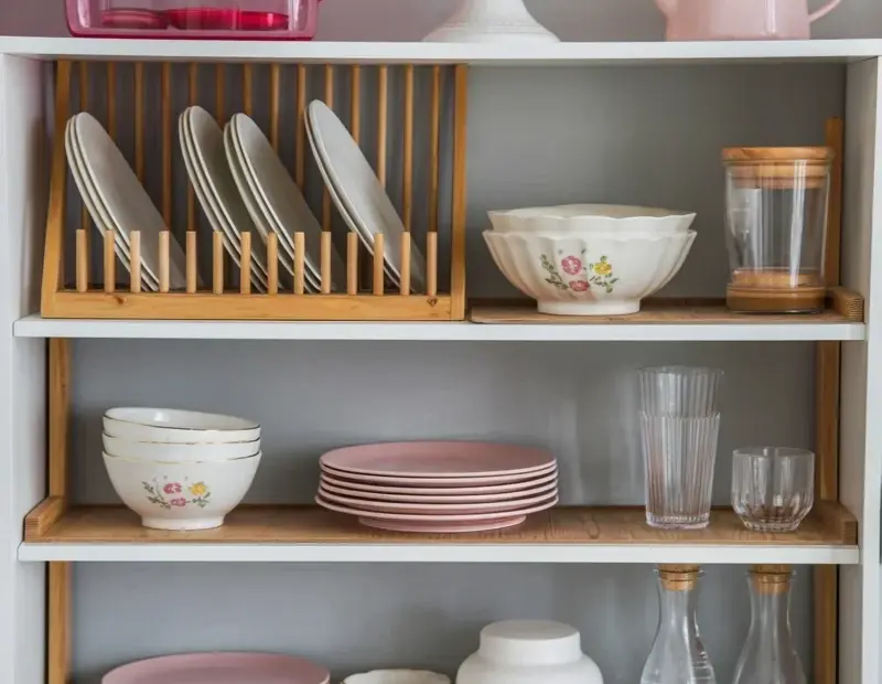 Pink and white kitchen shelf organization with Ikea hack vibes