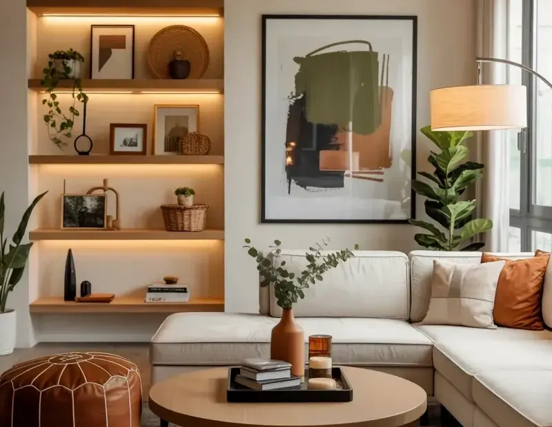 L-shaped Beige Sectional in a Modern Warm Living Room with Wooden Shelves