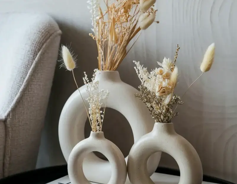 Sculptural white ceramic vases with dried flowers for cozy home decor