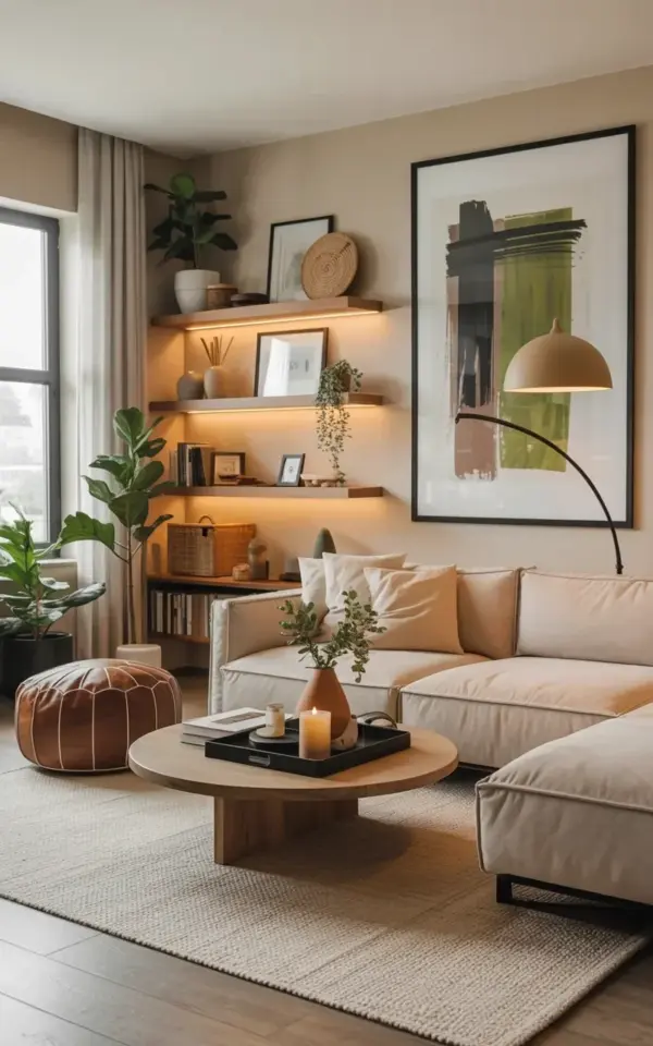 Budget Living Room Decor with L-Shaped Sectional and Warm Shelving