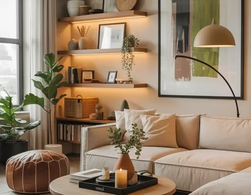 Budget Living Room Decor with L-Shaped Sectional and Warm Shelving