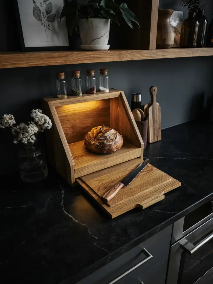 White Oak Bread Box with Light and Cutting Board | Modern Countertop Storage | Amazon Home Find