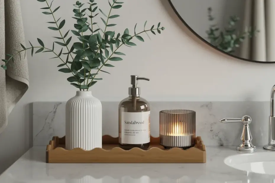 Scalloped Wood Tray with Eucalyptus and Candle | Farmhouse Bathroom Countertop Decor