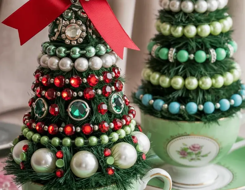 Vintage Teacup Christmas Trees | Handmade Jewelry Trees for Holiday & Hanukkah | Thrift Store Decor