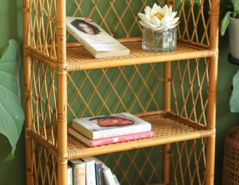 Rattan Etagere Bookshelf with Diamond Lattice | Vintage Style Storage