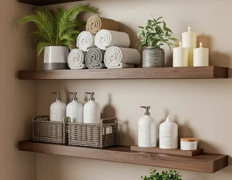 Modern Farmhouse Bathroom Shelf Decor Ideas | Cozy Floating Shelves with Towels and Plants