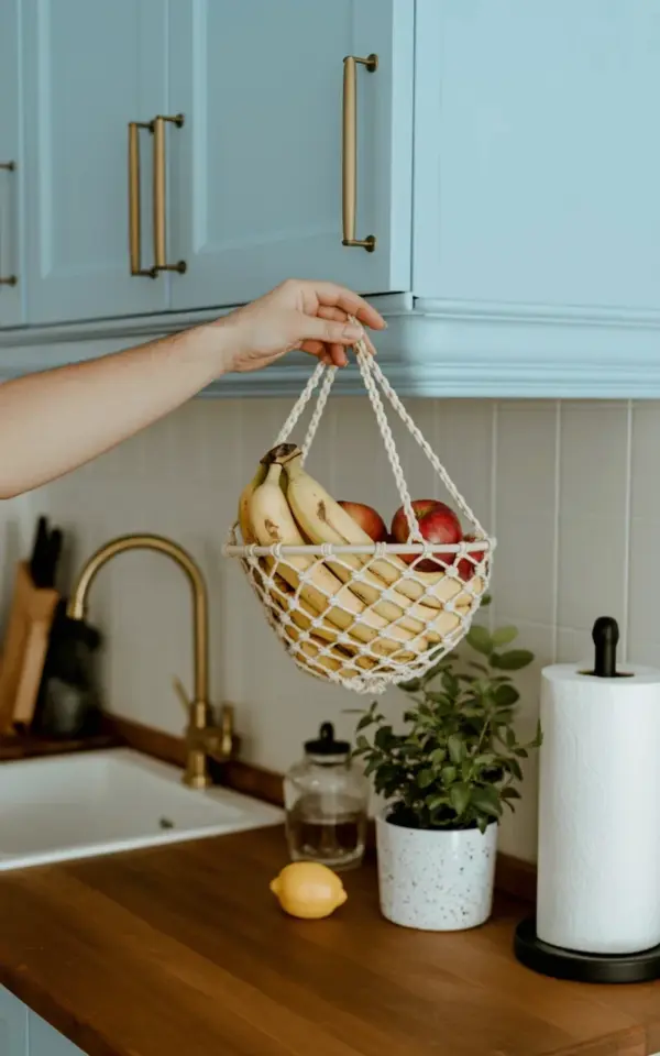 Macramé Fruit Basket on a Cabinet - Easy Kitchen IKEA Hack