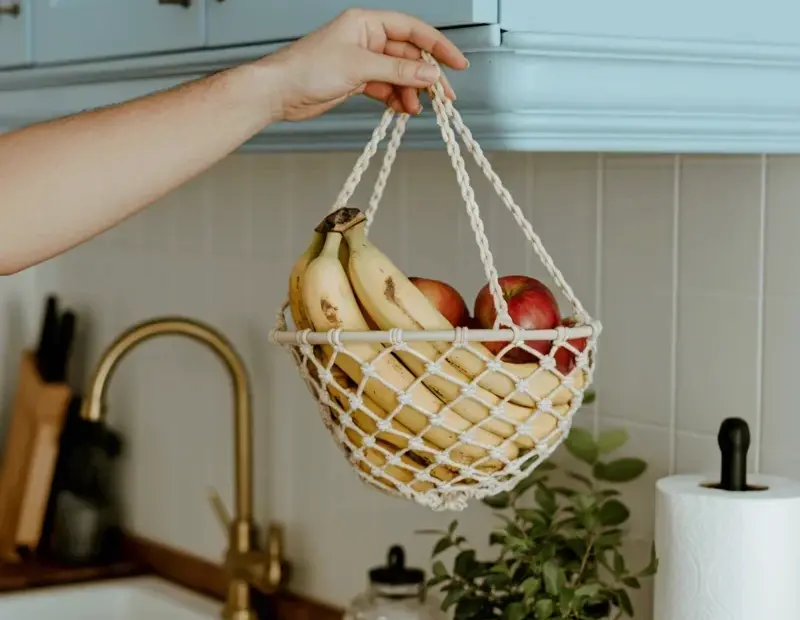 Macramé Fruit Basket on a Cabinet - Easy Kitchen IKEA Hack